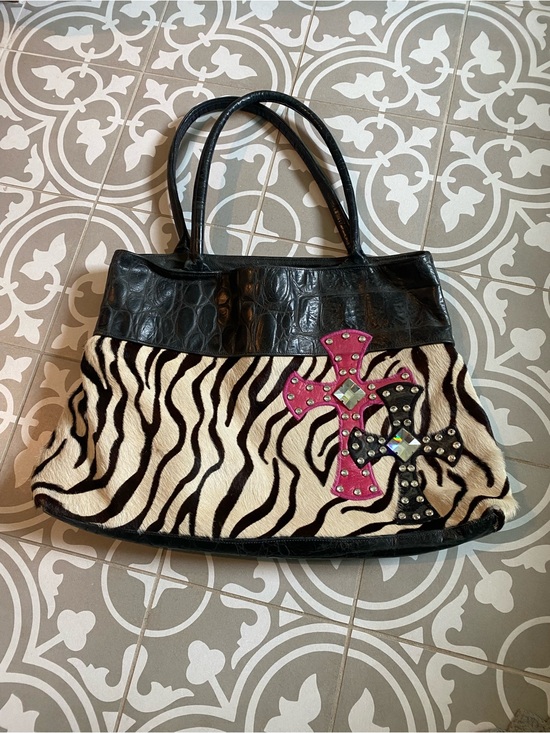 Kurtmen Handbags - Kurt men Design- Black & Zebra Print Tote Bag with Pink and Black Cross Accents